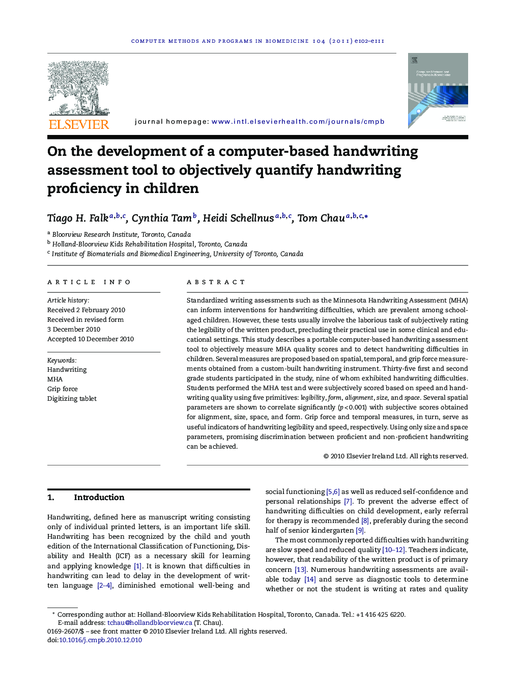 عکس صفحه اول مقاله: On the development of a computer-based handwriting assessment tool to objectively quantify handwriting proficiency in children On the development of a computer-based handwriting assessment tool to objectively quantify handwriting proficiency in children