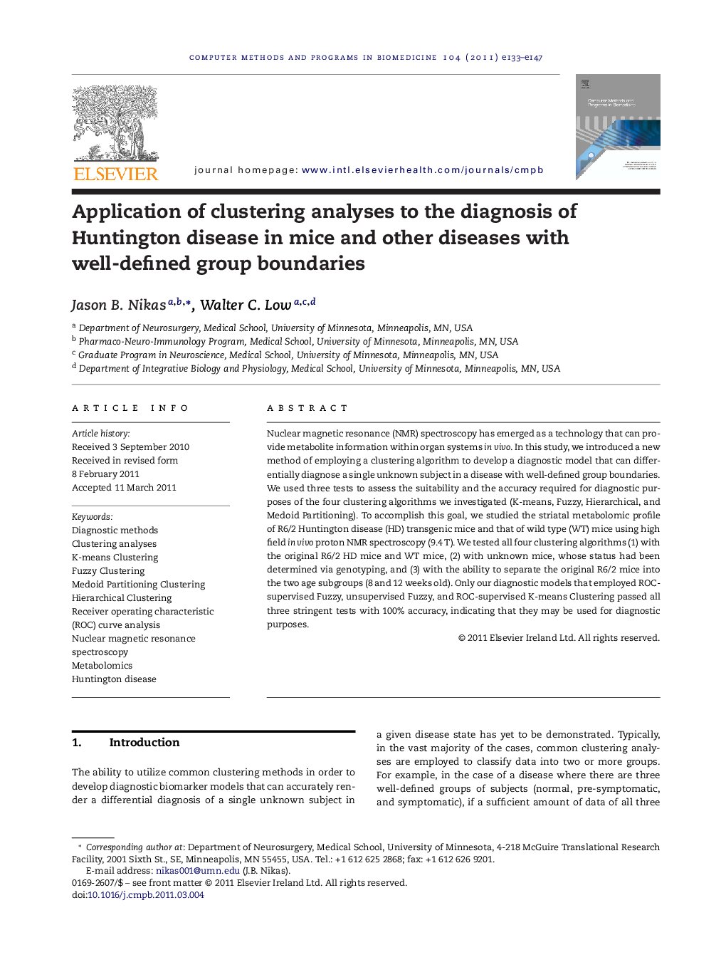 Application of clustering analyses to the diagnosis of Huntington disease in mice and other diseases with well-defined group boundaries