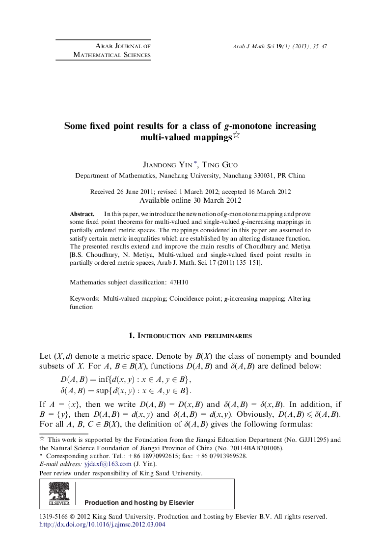 Some fixed point results for a class of g-monotone increasing multi-valued mappings 