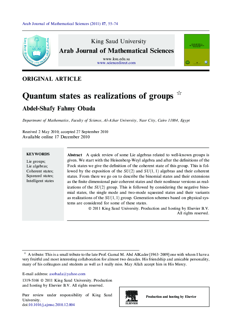 Quantum states as realizations of groups