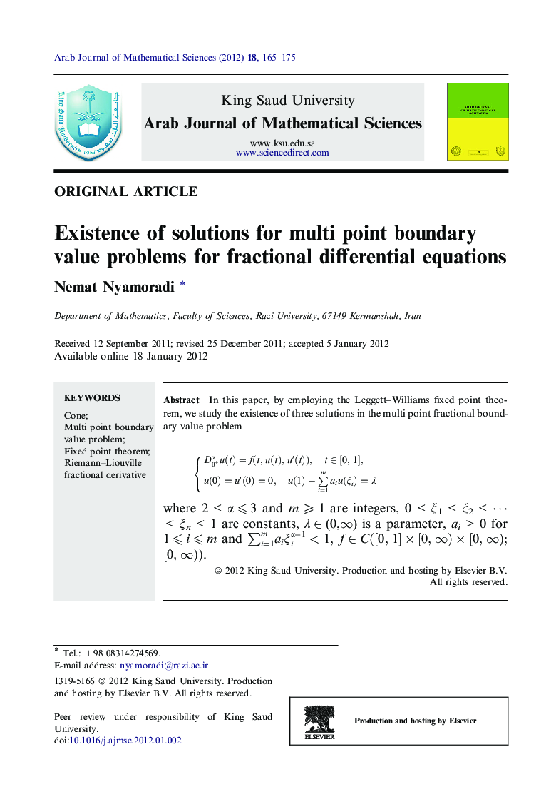 Existence of solutions for multi point boundary value problems for fractional differential equations