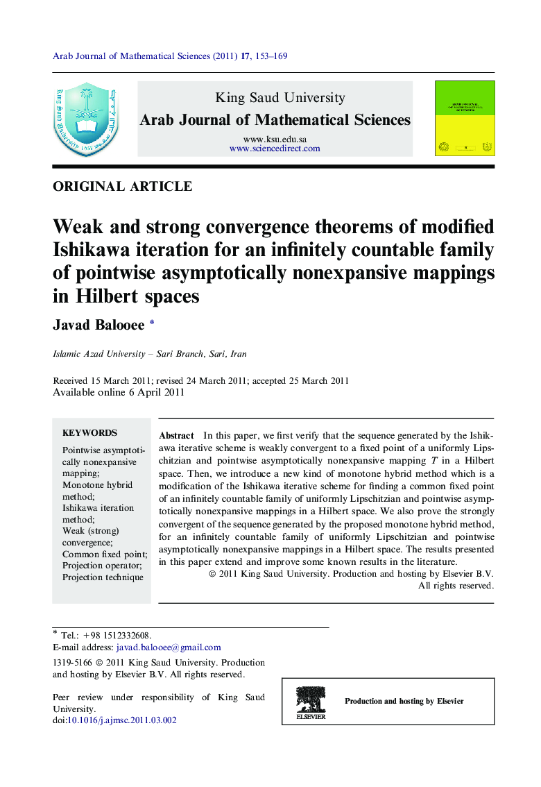 Weak and strong convergence theorems of modified Ishikawa iteration for an infinitely countable family of pointwise asymptotically nonexpansive mappings in Hilbert spaces