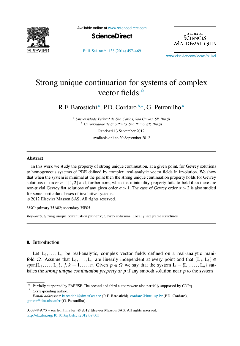 Strong unique continuation for systems of complex vector fields 