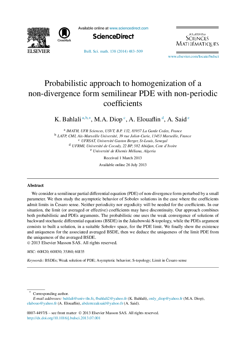 Probabilistic approach to homogenization of a non-divergence form semilinear PDE with non-periodic coefficients