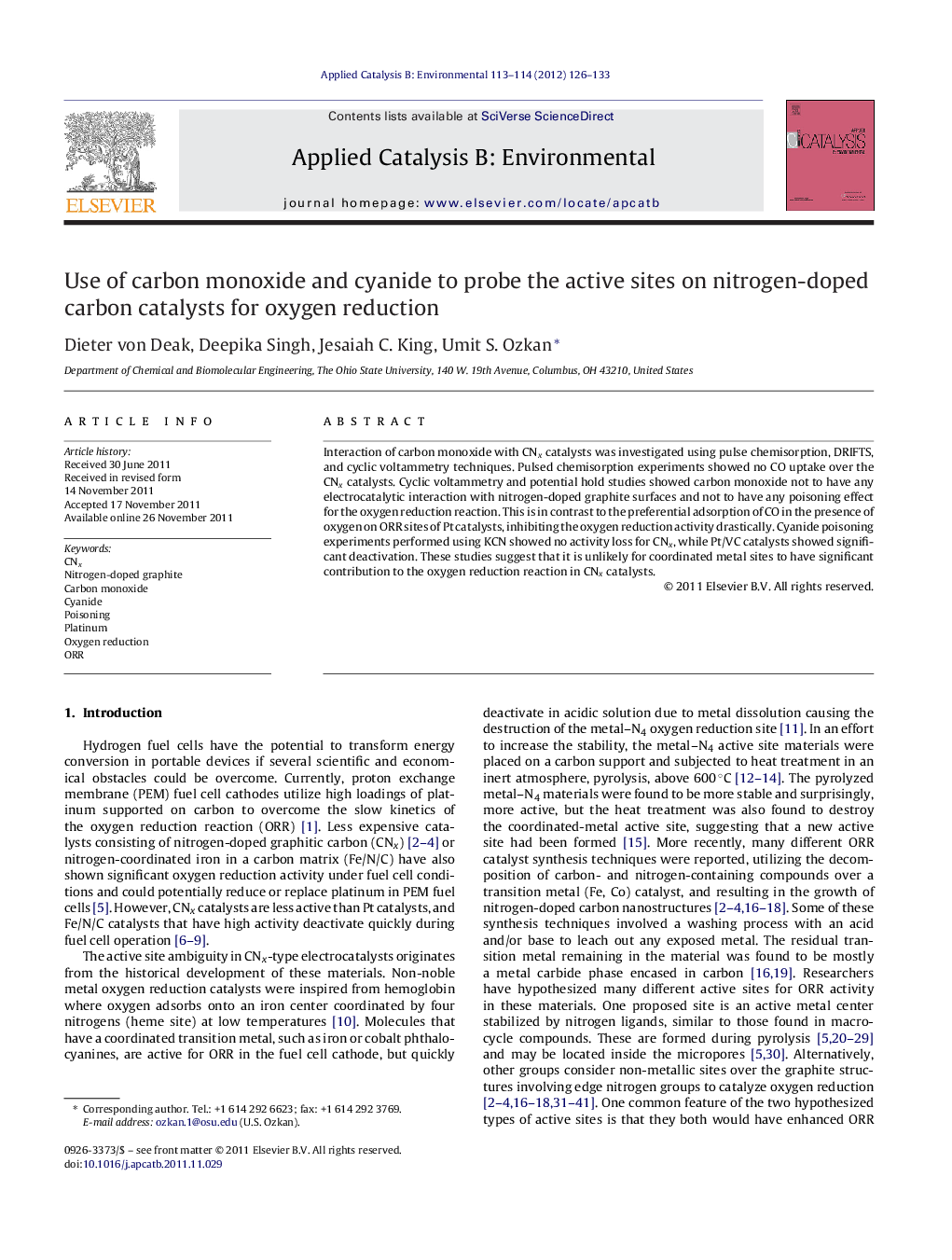 Use of carbon monoxide and cyanide to probe the active sites on nitrogen-doped carbon catalysts for oxygen reduction