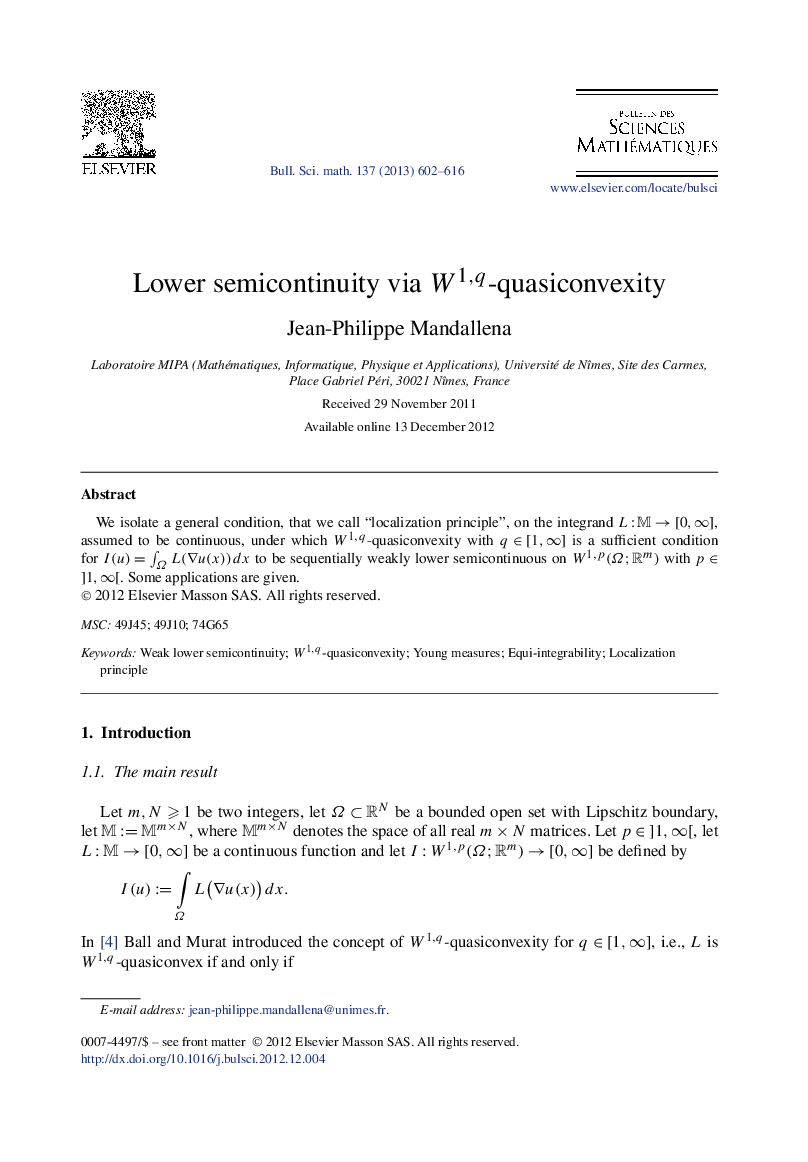 Lower semicontinuity via W1,q-quasiconvexity
