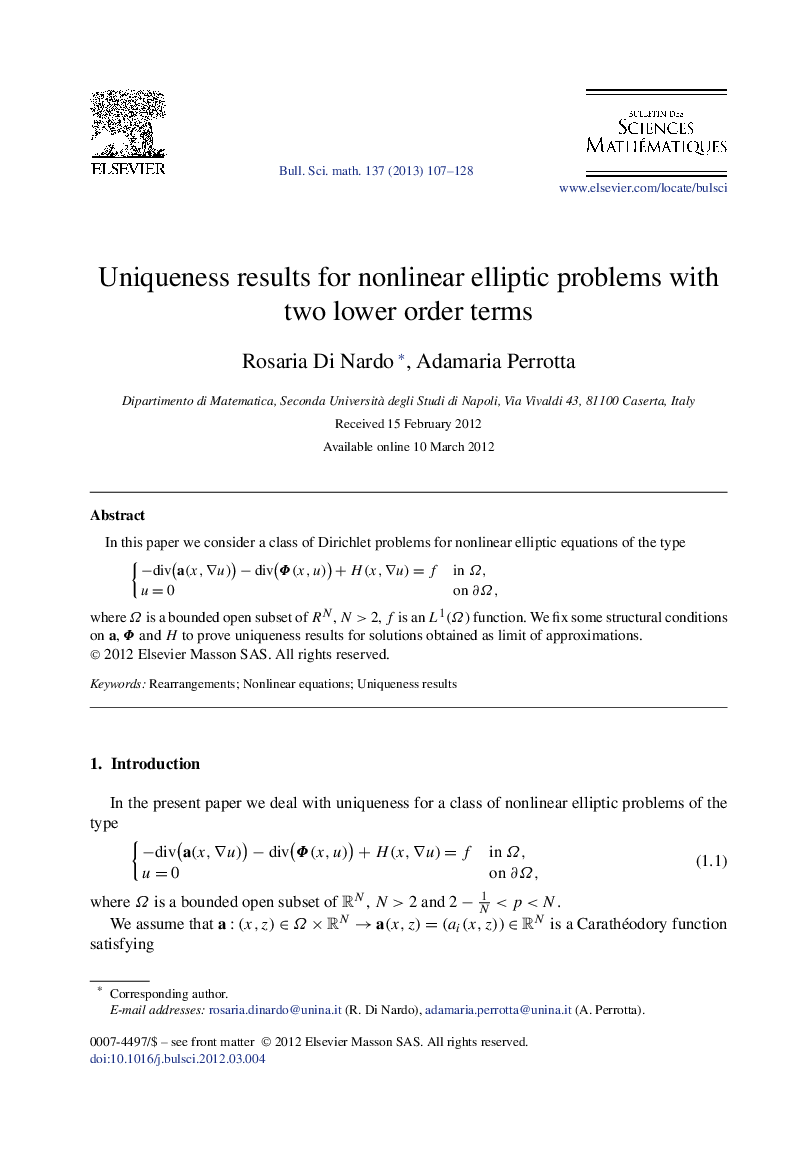 Uniqueness results for nonlinear elliptic problems with two lower order terms