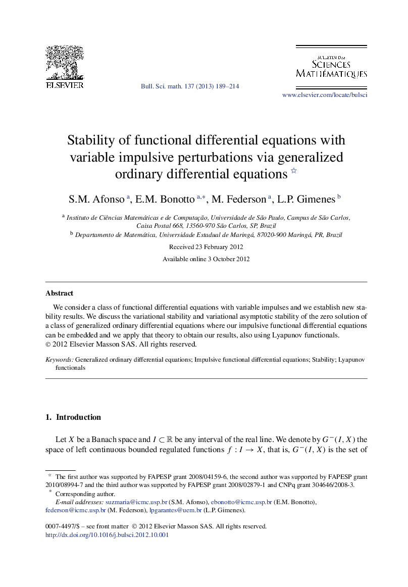 Stability of functional differential equations with variable impulsive perturbations via generalized ordinary differential equations 