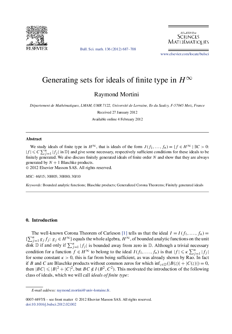 Generating sets for ideals of finite type in H∞