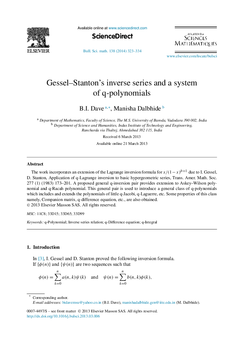 Gessel–Stanton's inverse series and a system of q-polynomials