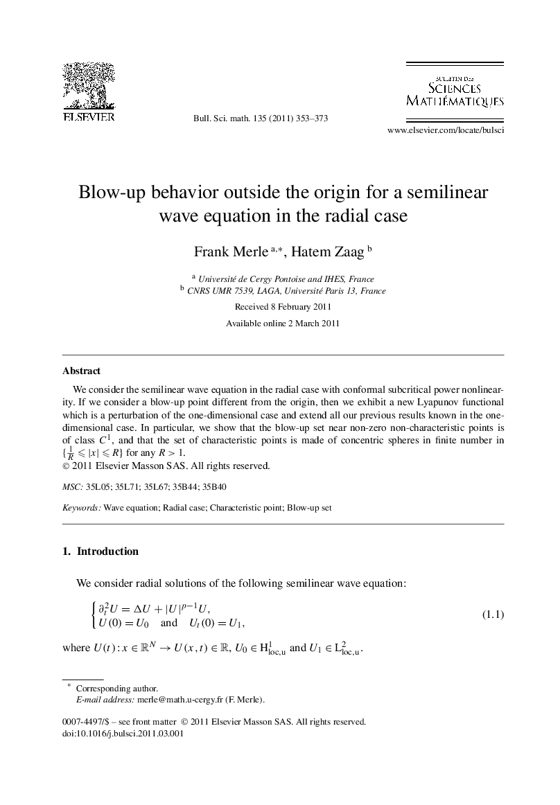 Blow-up behavior outside the origin for a semilinear wave equation in the radial case