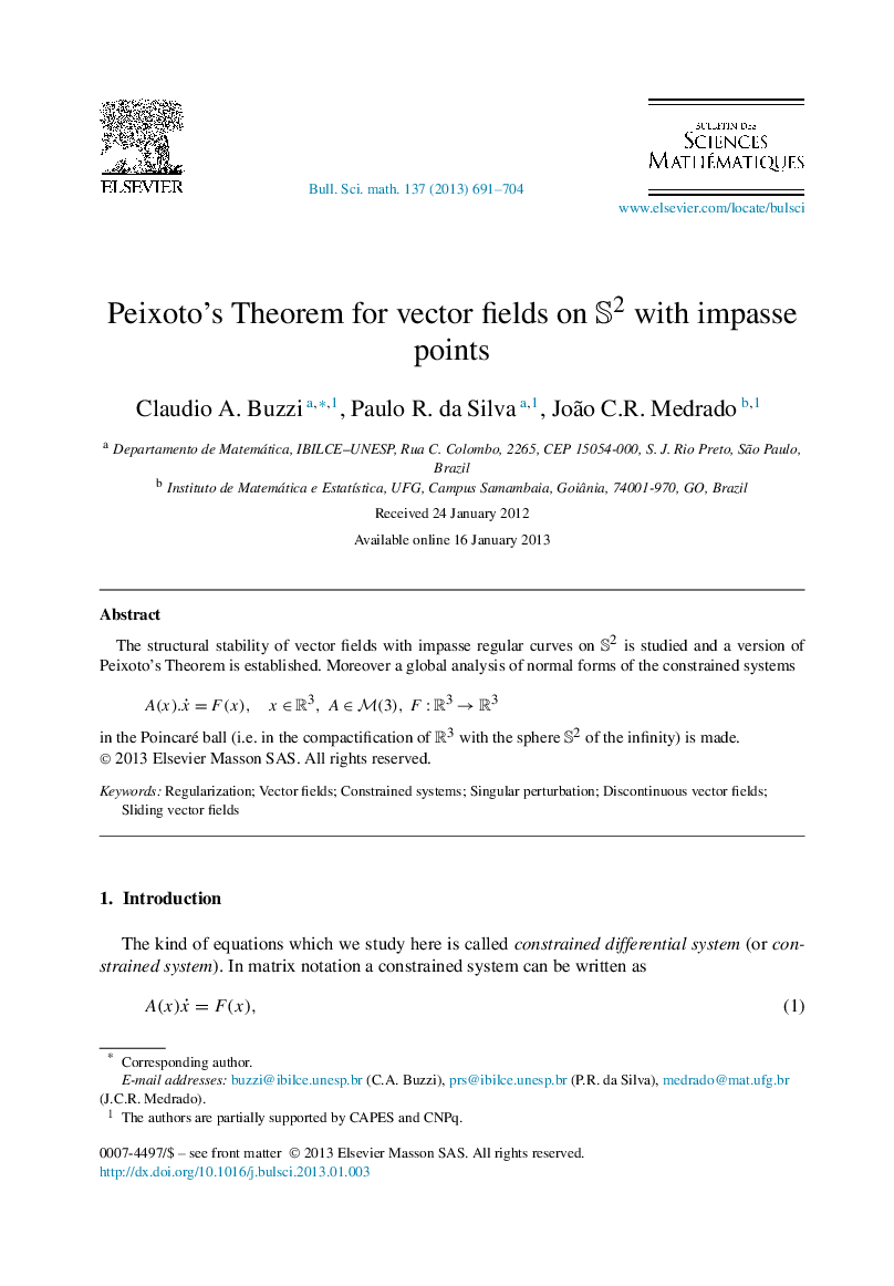 Peixotoʼs Theorem for vector fields on S2S2 with impasse points