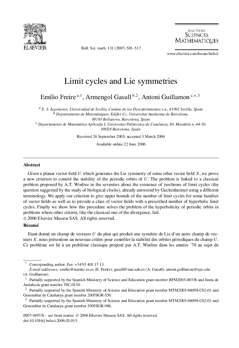 عکس صفحه اول مقاله: Limit cycles and Lie symmetries Limit cycles and Lie symmetries