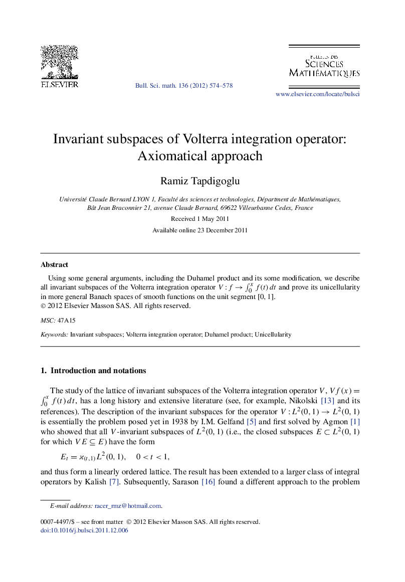 Invariant subspaces of Volterra integration operator: Axiomatical approach