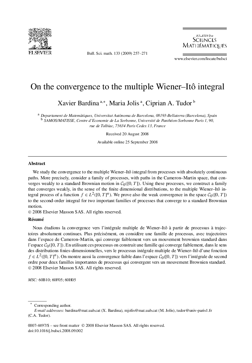 عکس صفحه اول مقاله: On the convergence to the multiple Wiener–Itô integral On the convergence to the multiple Wiener–Itô integral