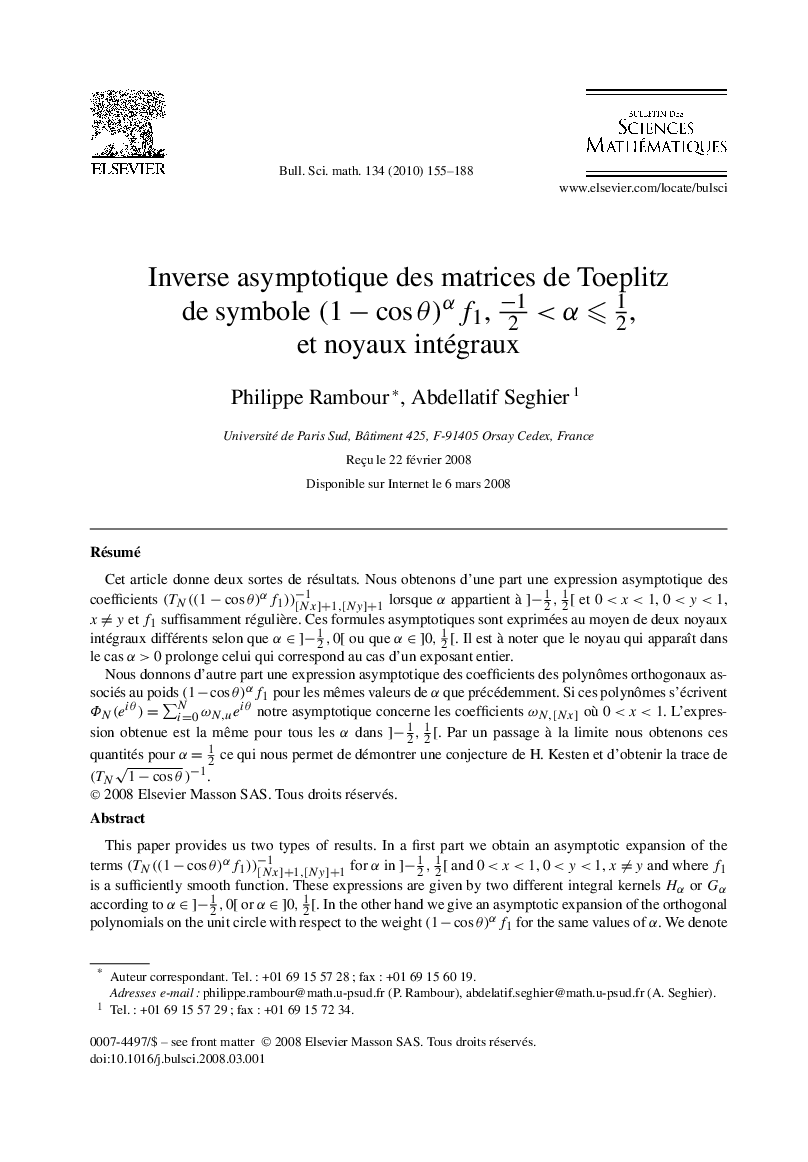 Inverse asymptotique des matrices de Toeplitz de symbole , , et noyaux intégraux