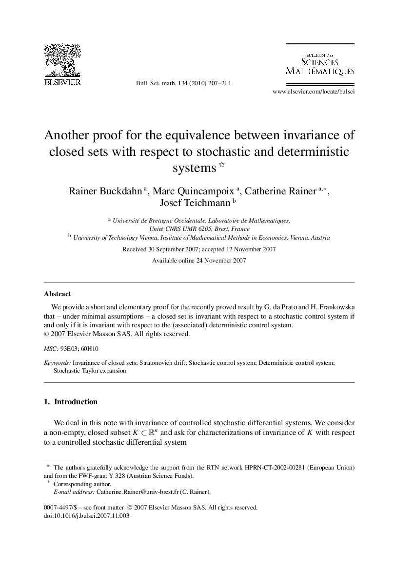 Another proof for the equivalence between invariance of closed sets with respect to stochastic and deterministic systems