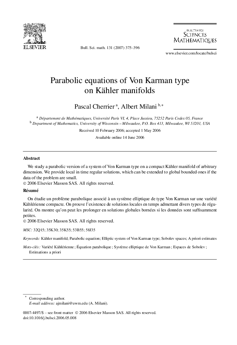 Parabolic equations of Von Karman type on Kähler manifolds