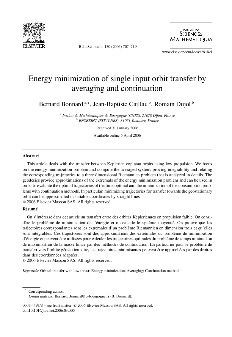 Energy minimization of single input orbit transfer by averaging and continuation