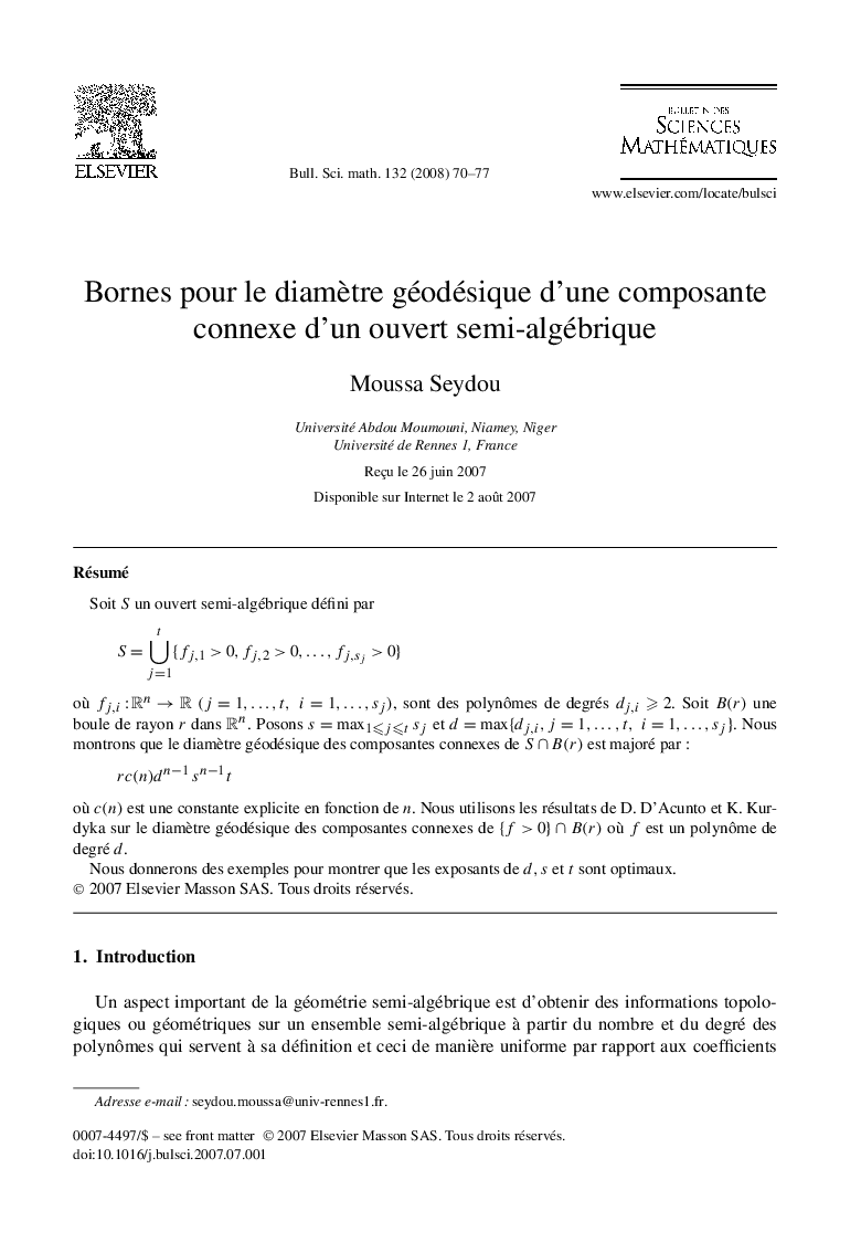 Bornes pour le diamÃ¨tre géodésique d'une composante connexe d'un ouvert semi-algébrique