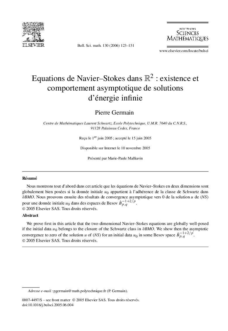 Equations de Navier–Stokes dans R2 : existence et comportement asymptotique de solutions d'énergie infinie