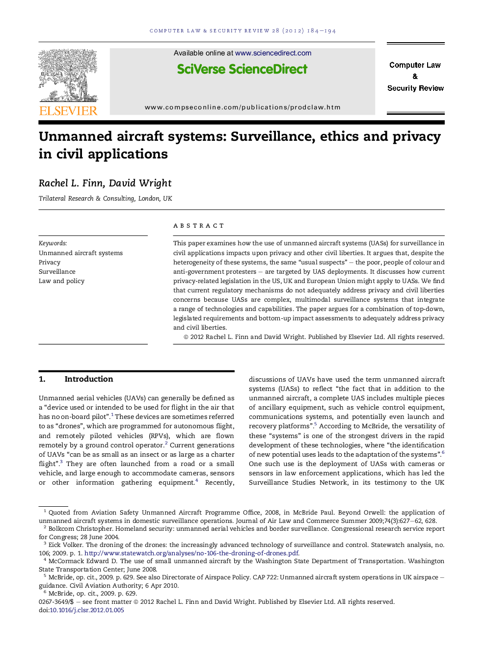 Unmanned aircraft systems: Surveillance, ethics and privacy in civil applications