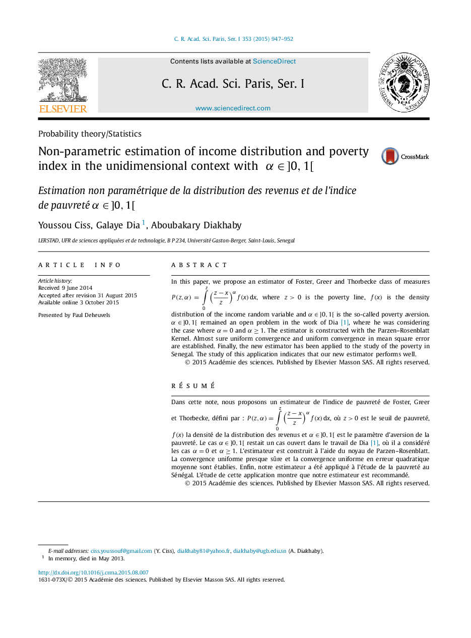 Non-parametric estimation of income distribution and poverty index in the unidimensional context with α∈]0,1[