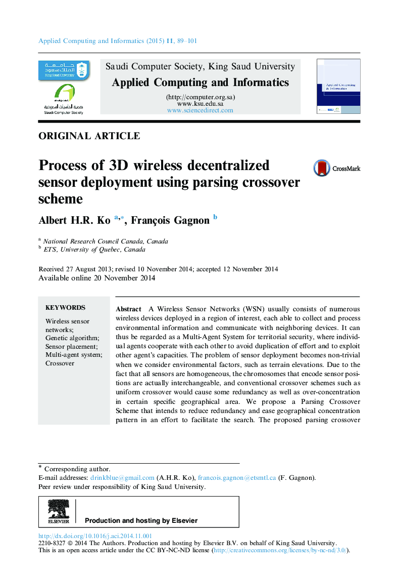 Process of 3D wireless decentralized sensor deployment using parsing crossover scheme 