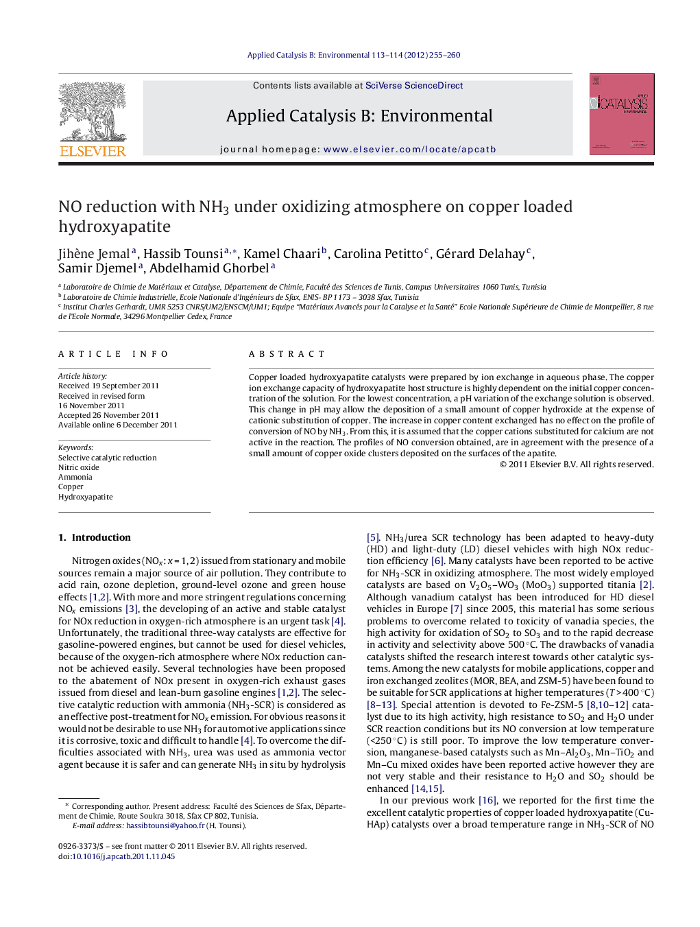 عکس صفحه اول مقاله: NO reduction with NH3 under oxidizing atmosphere on copper loaded hydroxyapatite NO reduction with NH3 under oxidizing atmosphere on copper loaded hydroxyapatite