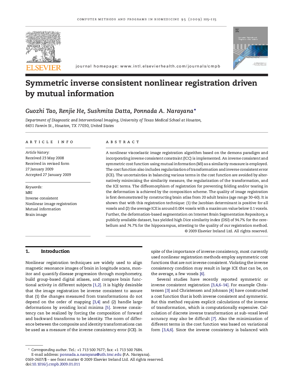 Symmetric inverse consistent nonlinear registration driven by mutual information