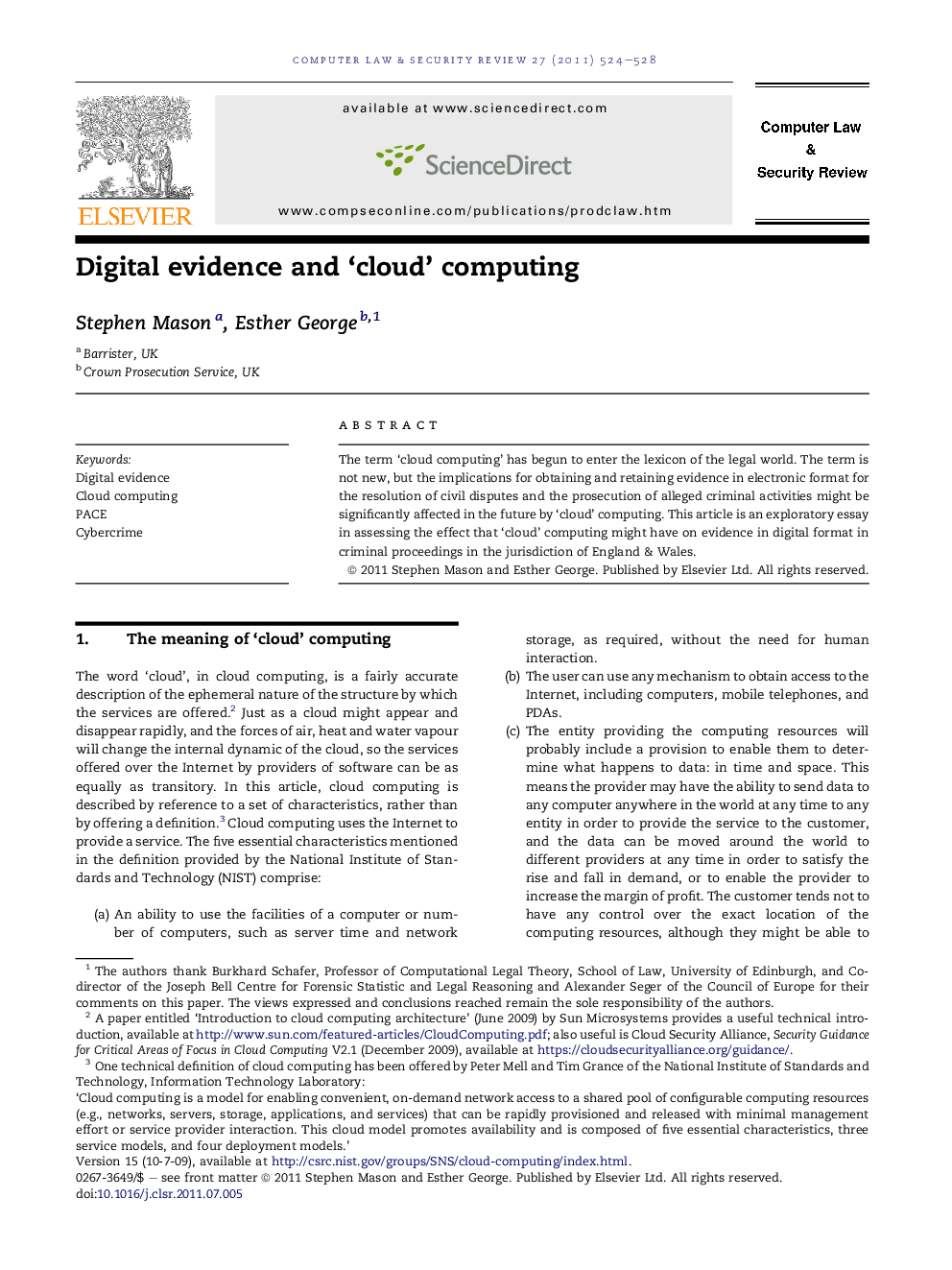 Digital evidence and ‘cloud’ computing