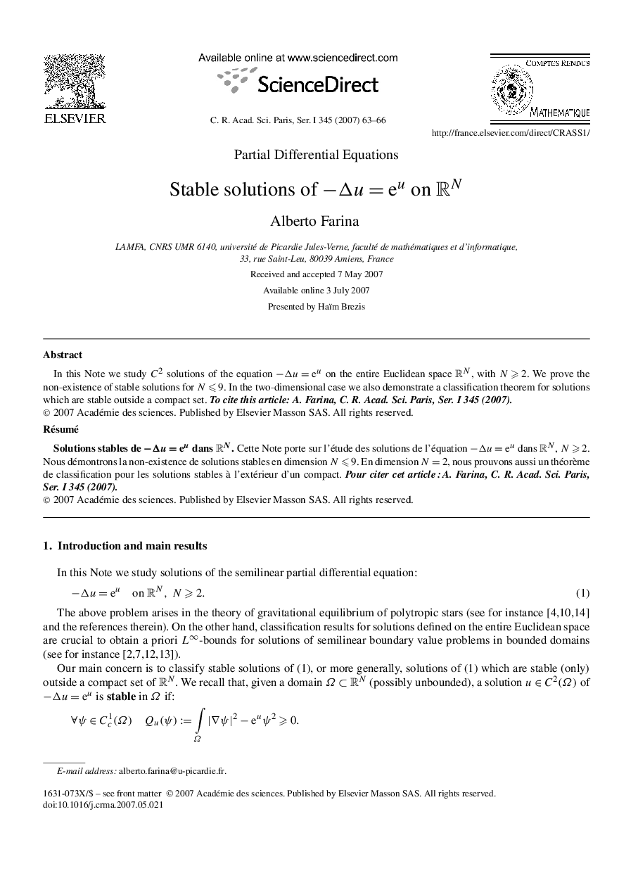 Stable solutions of −Δu=eu on RN