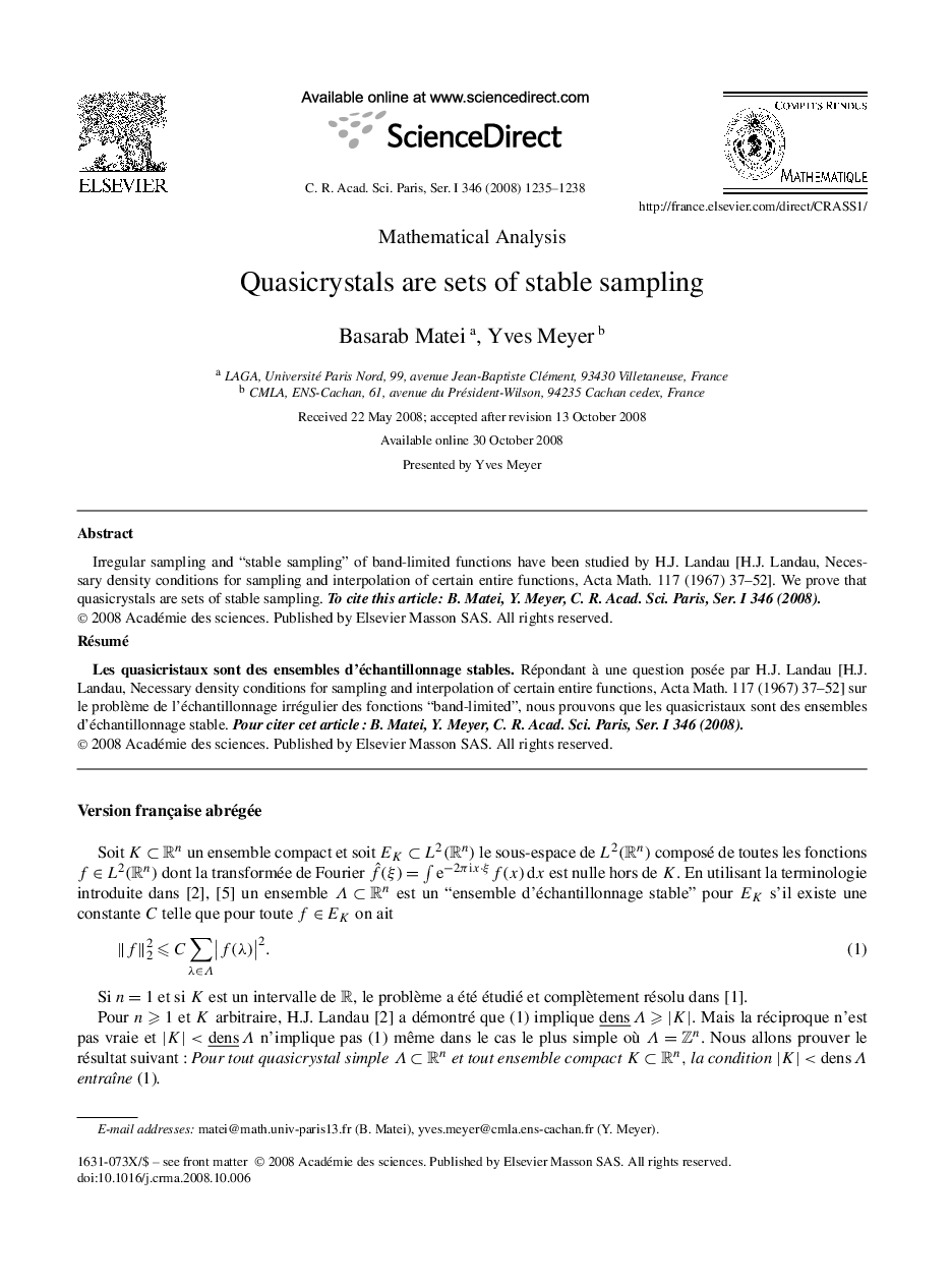 Quasicrystals are sets of stable sampling