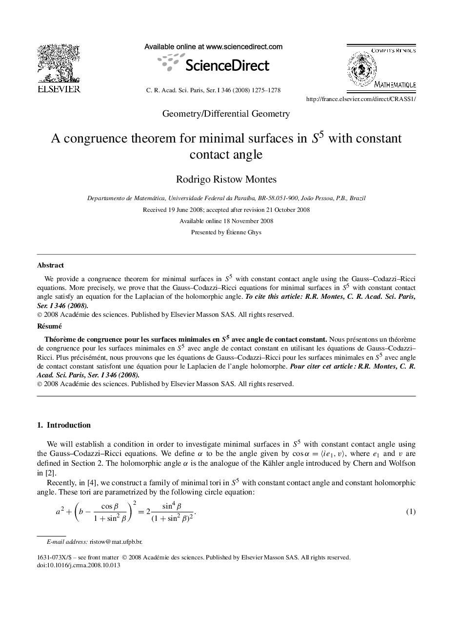 A congruence theorem for minimal surfaces in S5 with constant contact angle