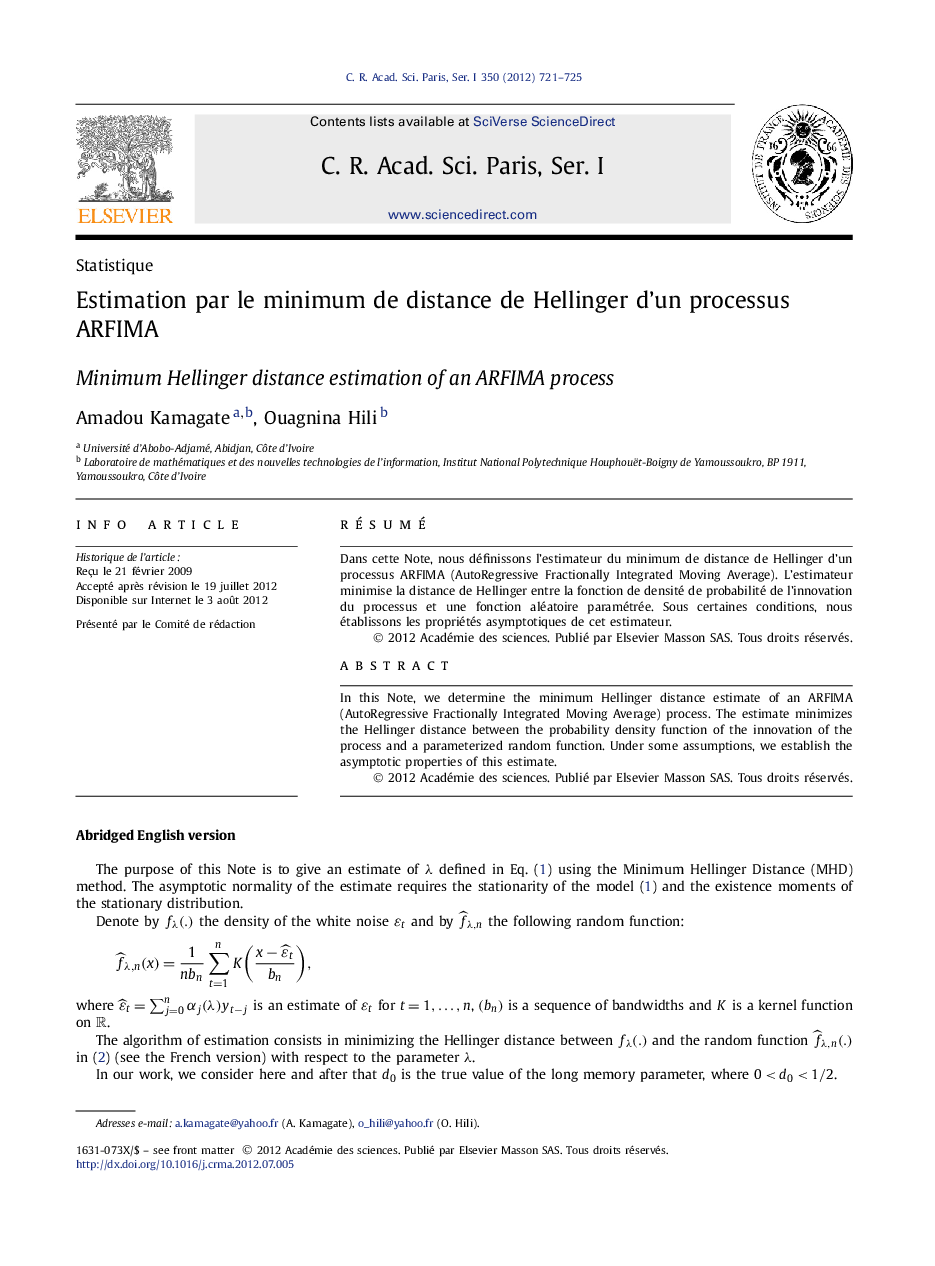 Estimation par le minimum de distance de Hellinger dʼun processus ARFIMA