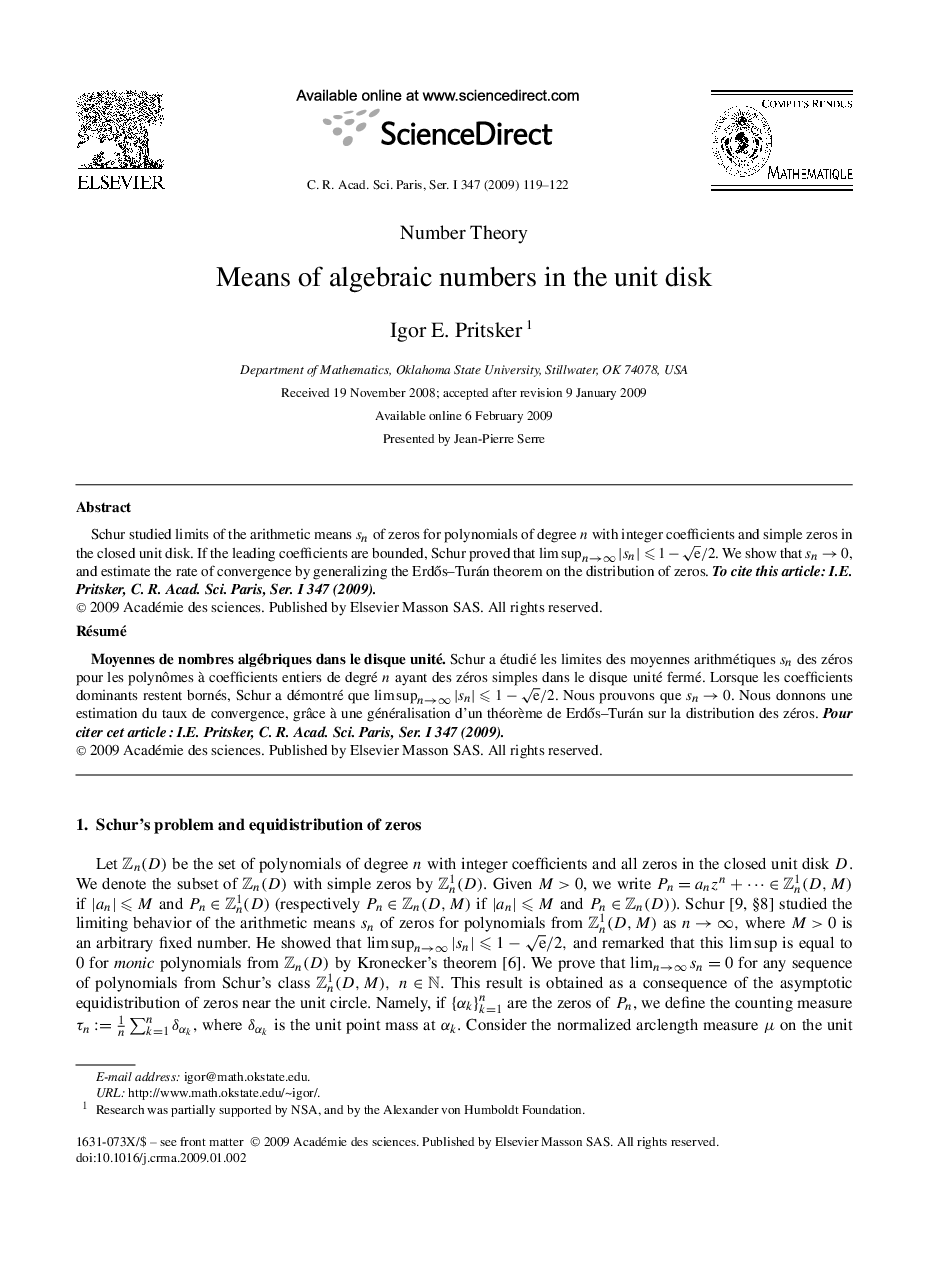 Means of algebraic numbers in the unit disk