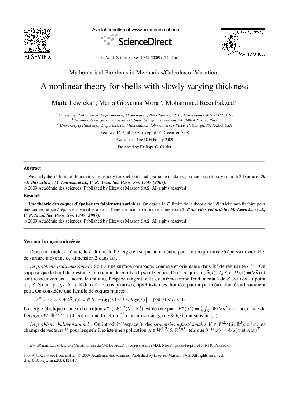 A nonlinear theory for shells with slowly varying thickness