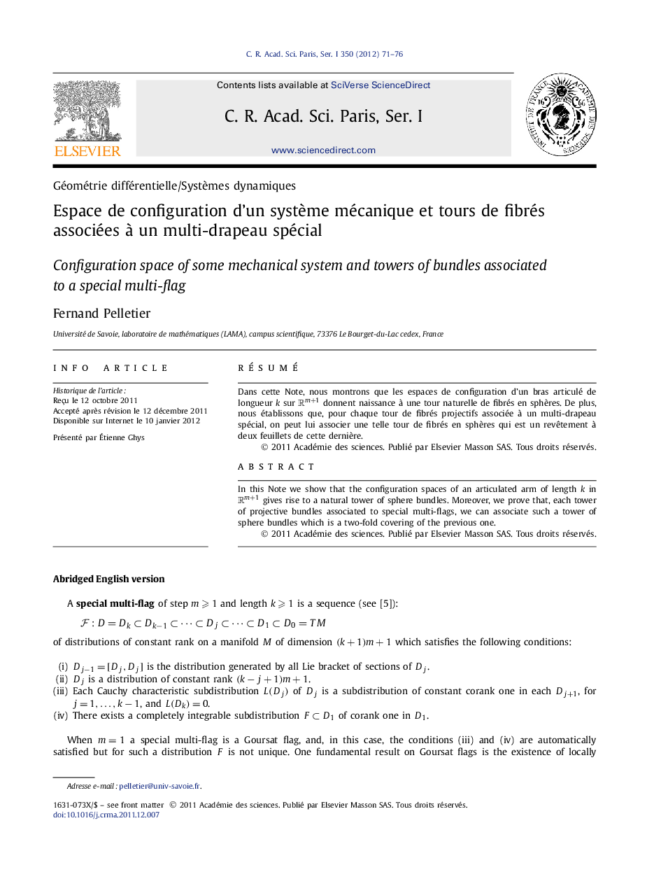 Espace de configuration dʼun système mécanique et tours de fibrés associées à un multi-drapeau spécial