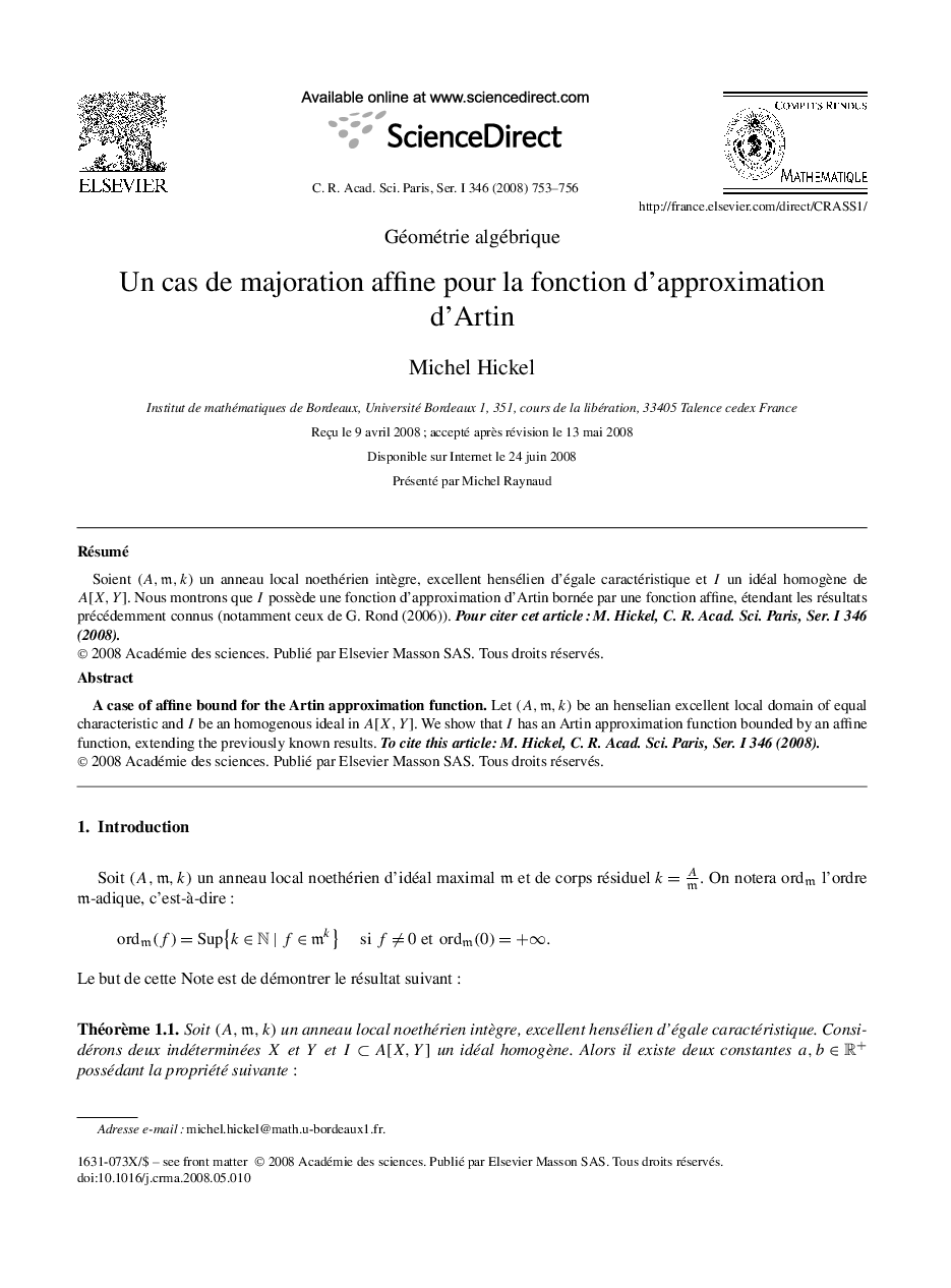 Un cas de majoration affine pour la fonction d'approximation d'Artin