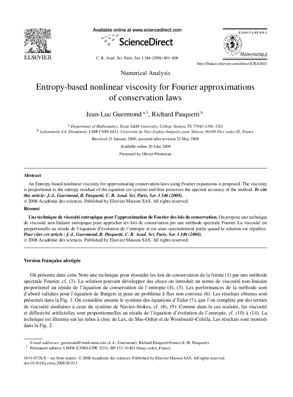 Entropy-based nonlinear viscosity for Fourier approximations of conservation laws