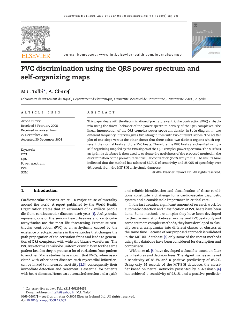 PVC discrimination using the QRS power spectrum and self-organizing maps