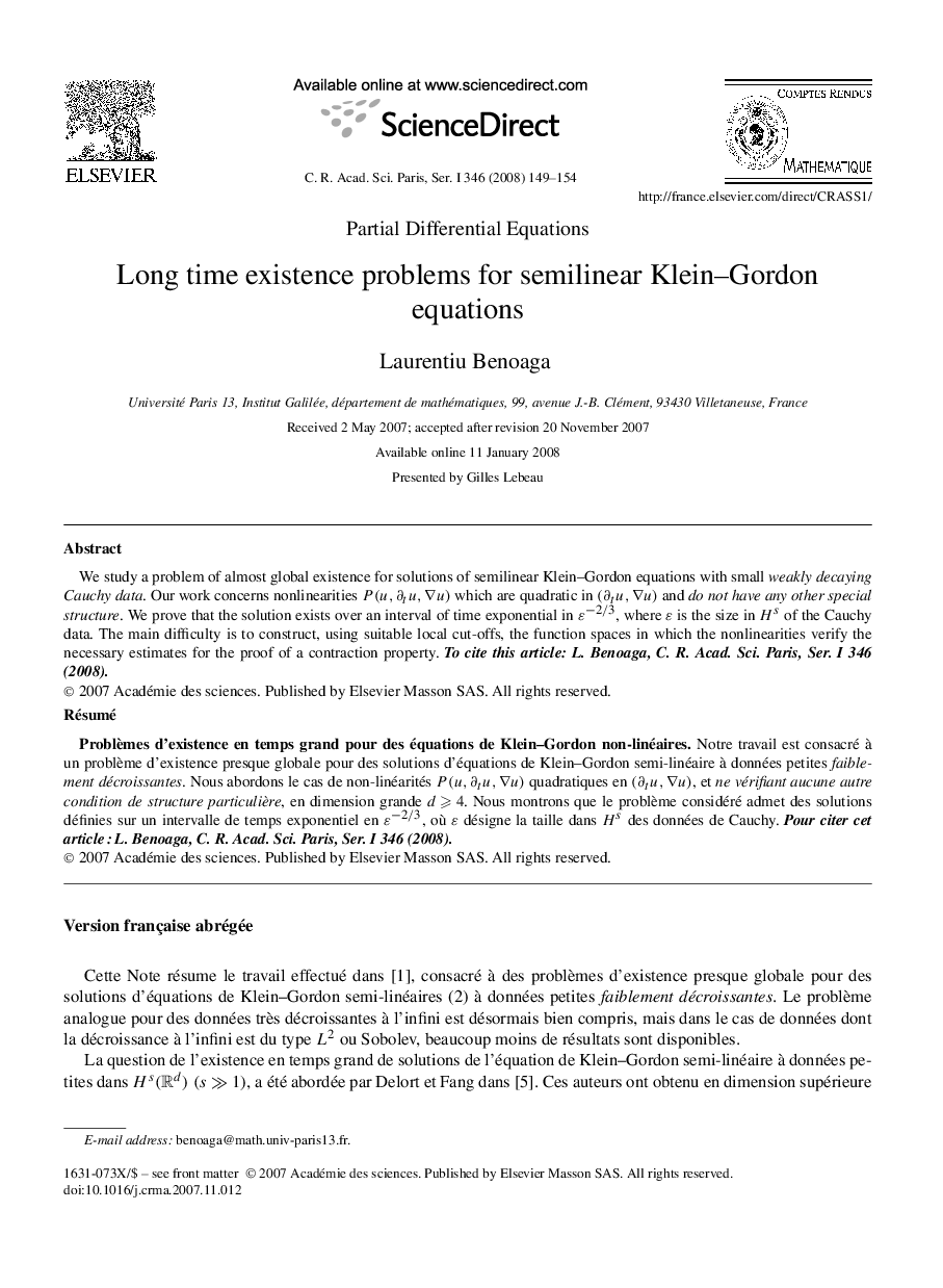 Long time existence problems for semilinear Klein–Gordon equations