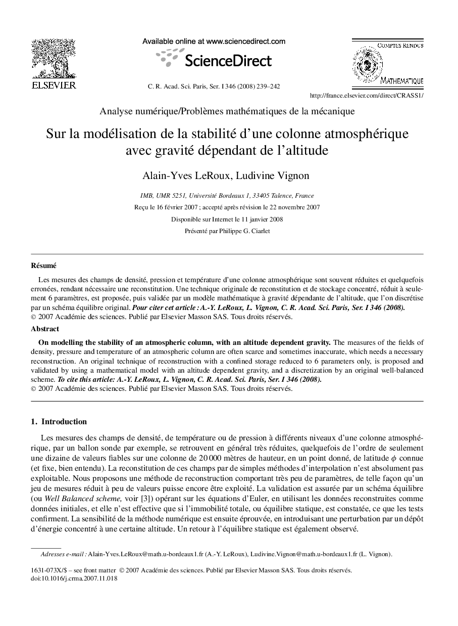 Sur la modélisation de la stabilité d'une colonne atmosphérique avec gravité dépendant de l'altitude