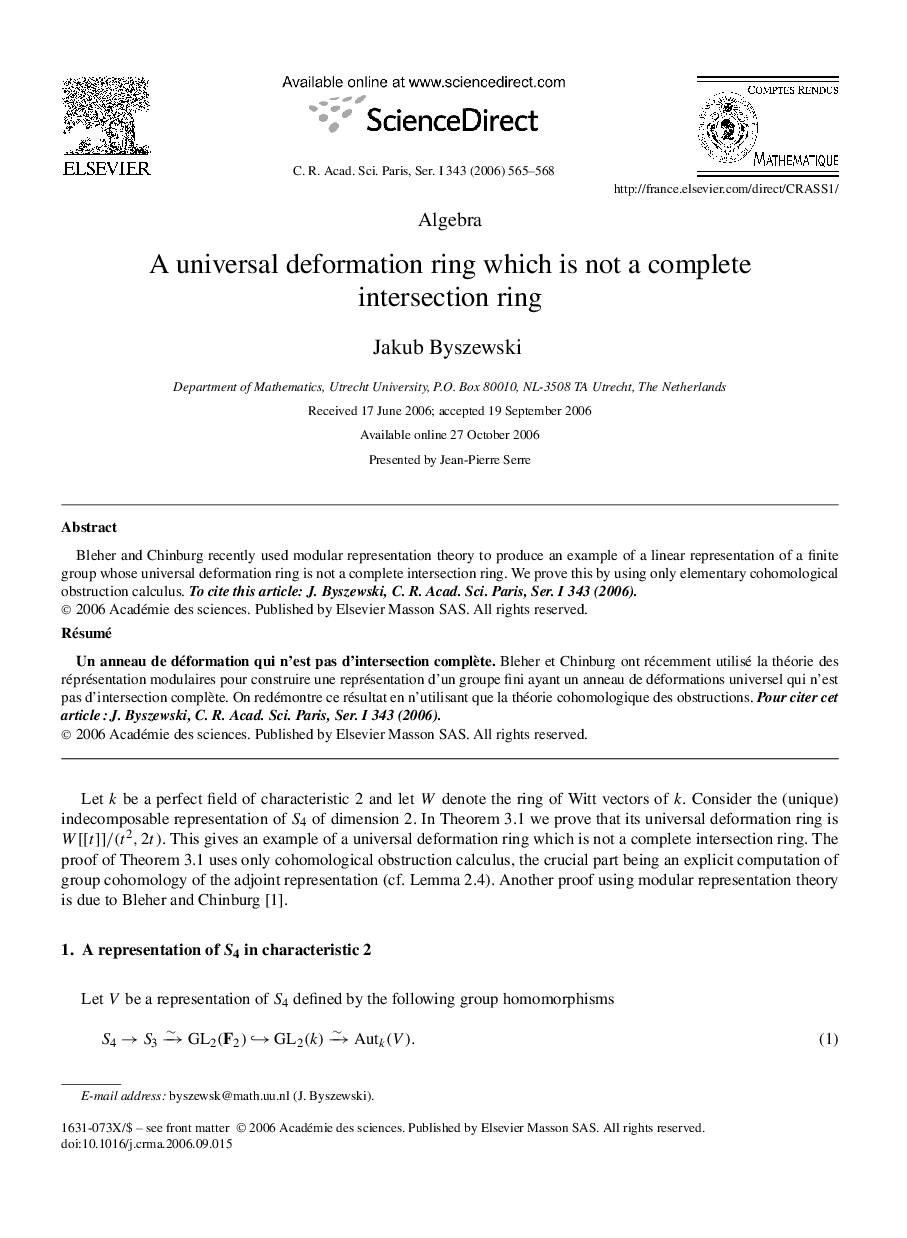 A universal deformation ring which is not a complete intersection ring