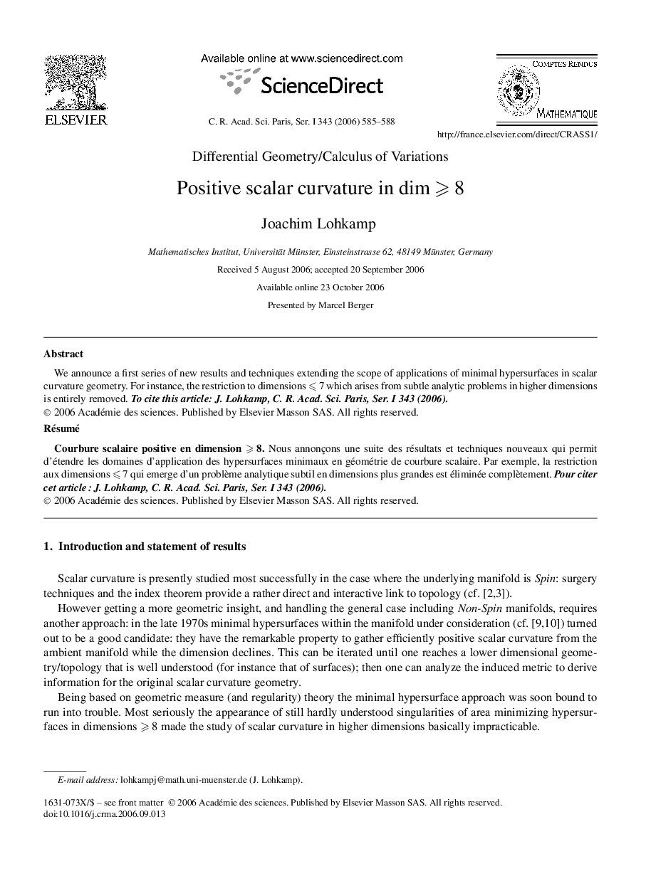 Positive scalar curvature in dim⩾8