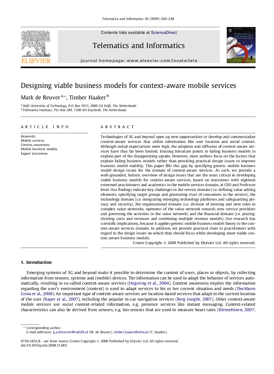 Designing viable business models for context-aware mobile services