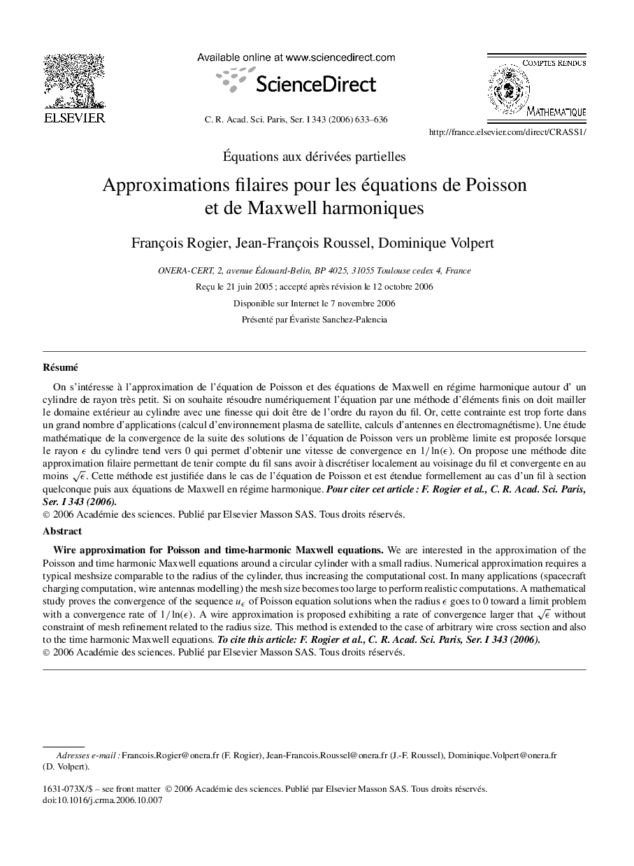 Approximations filaires pour les équations de Poisson et de Maxwell harmoniques