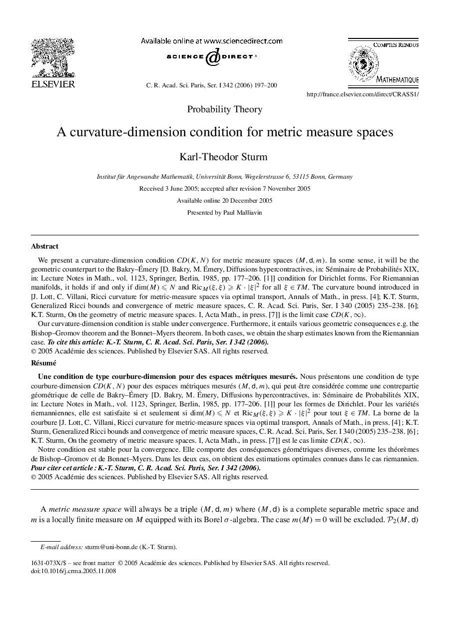 A curvature-dimension condition for metric measure spaces