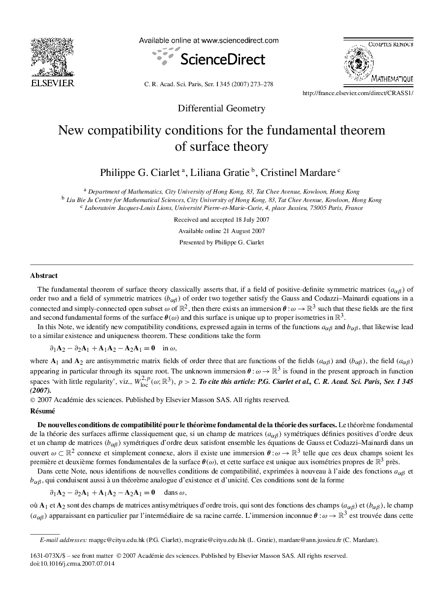 New compatibility conditions for the fundamental theorem of surface theory