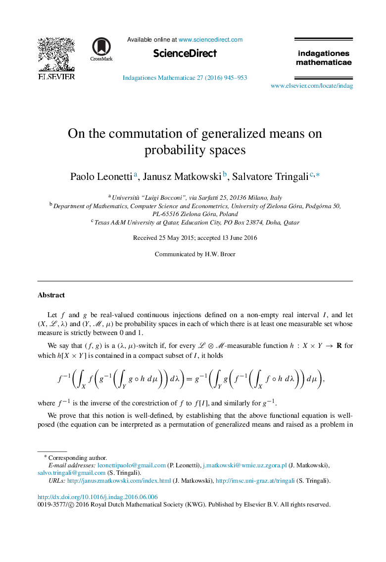 On the commutation of generalized means on probability spaces